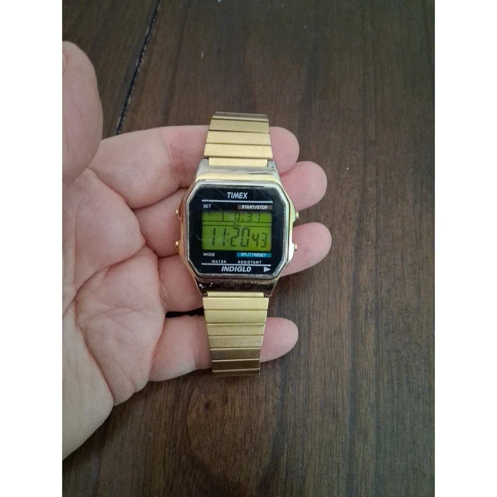 Timex Digital Goldtone Expansion Watch Alarm Indiglo Chrono Working 6.5” 2016